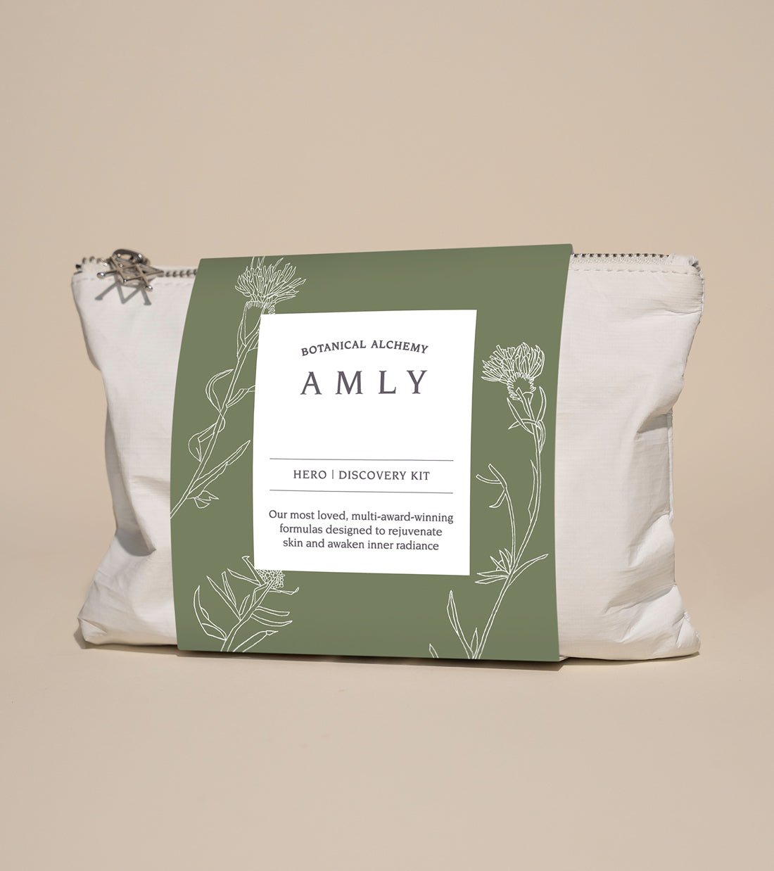 AMLY Hero Discovery Kit in a recycled green and cream washbag